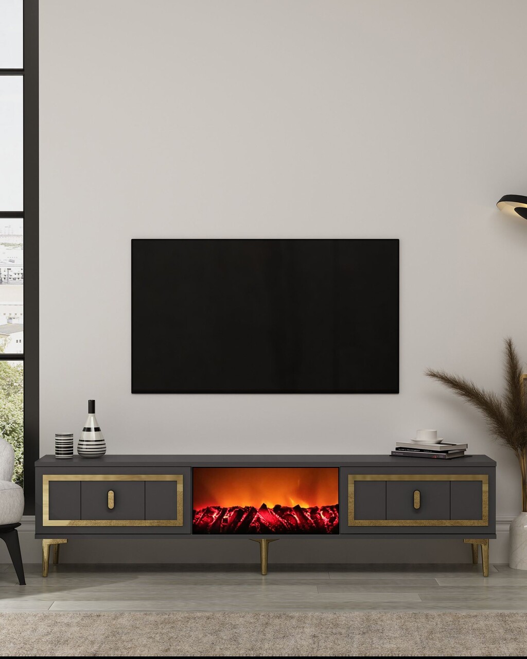 Comoda TV, Hanah Home, Orion Fireplace, 150x44.6x29.6 cm, PAL , Antracit / Aur - imagine 7